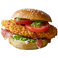 Grilled 88 in Farlie chicken burger with a crispy patty, lettuce and tomatoes on a sesame seed bun.