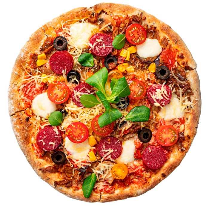 Grilled 88 in Farlie pizza topped with pepperoni, tomatoes, olives and mozzarella.